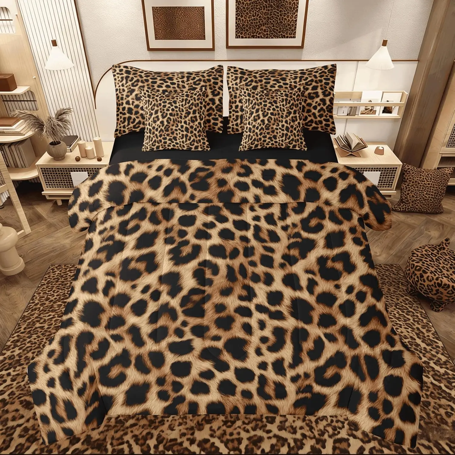 Leopard Print Comforter Set 7 Pieces Cheetah Print Bedding Set Bed in a Bag with Comforter,Sheets,Pillowcases,Cushion Covers Safari Bedroom Decor All Season