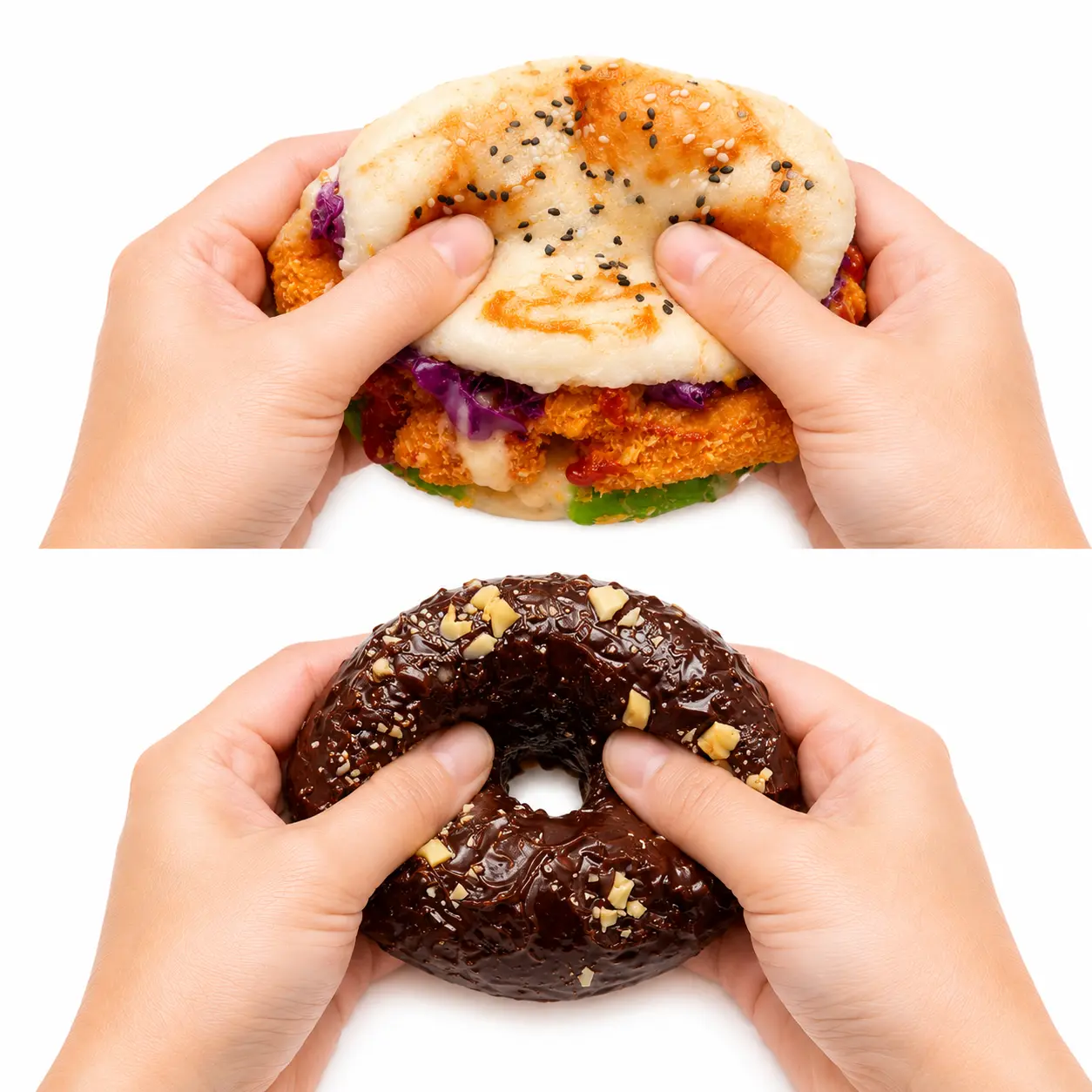 Large Spicy Chicken Tender Burger+Mini Peanut Crumble Chocolate Donut Squishy Set Handmade Cream Fidget Toy 435g Ideal Gift for Boys Girls