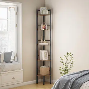 Narrow Corner Shelf Stand 5 Tier 66.5" Industrial Corner Ladder Shelves with Metal Frame, Multipurpose Tall Corner Bookshelf Bedroom, Living Room, Office, Kitchen, Rustic Brown