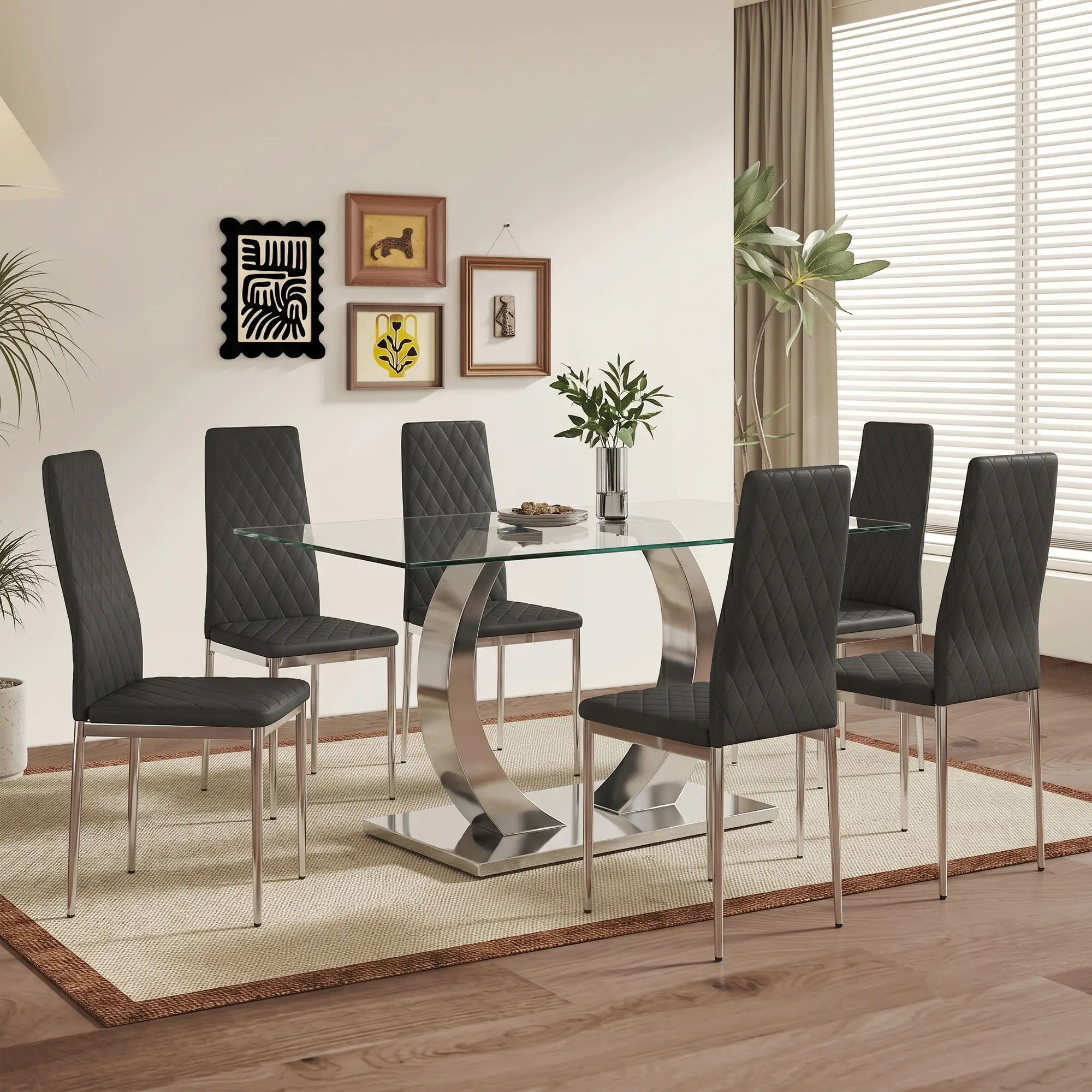 Set of 6 Modern Dining Chairs with Diamond Tufted PU Leather, High Back Ergonomic Seating with Polished Chrome Legs, Contemporary Upholstered Chairs for Dining Room Kitchen