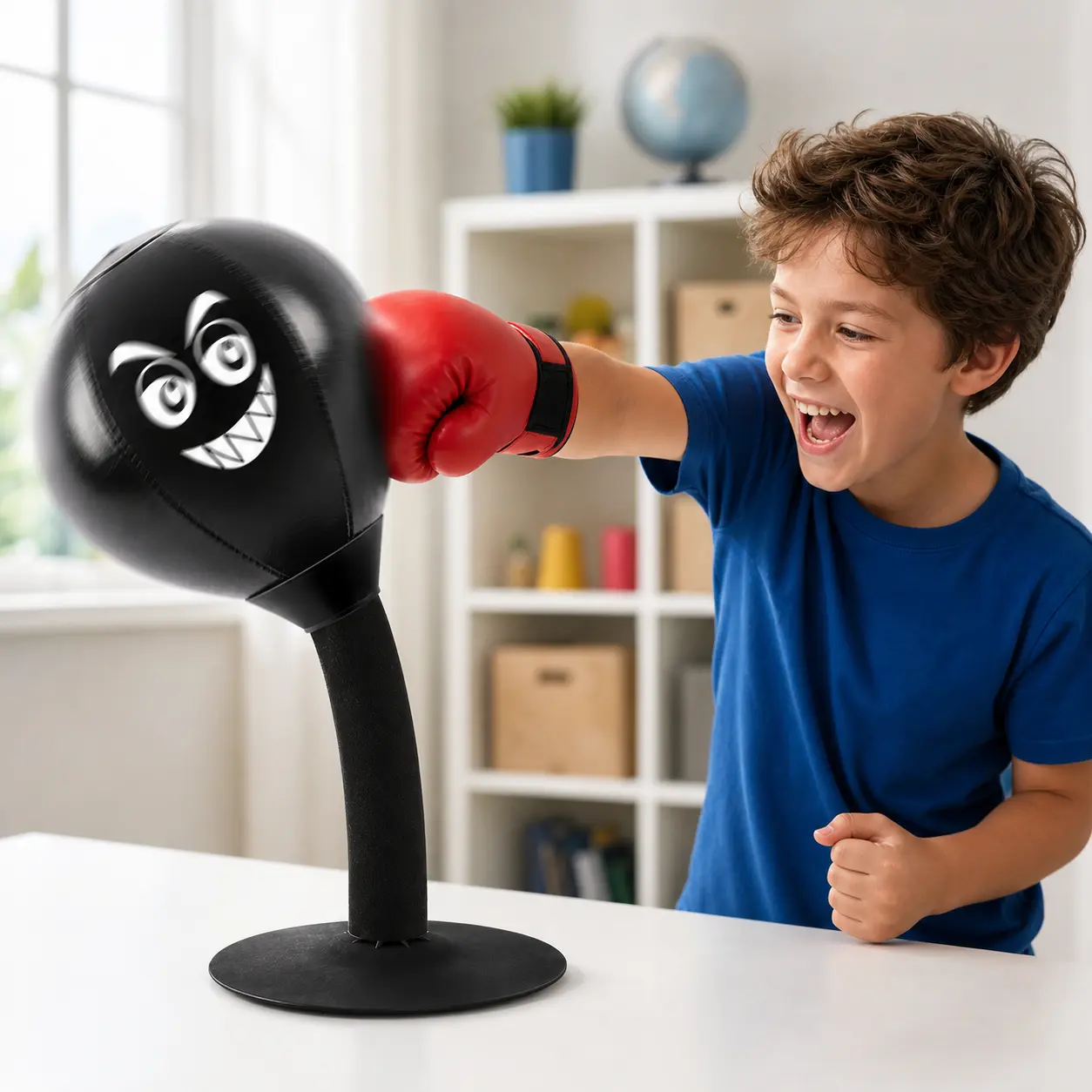 MifLog 14.5in Desktop Punching Bag with 7.1in Super-Grip Suction Base, Fast-Rebound Carbon-Steel Spring & PU Ball, Stress Relief Desk Boxing Toy for Office & Home, Includes Hand Pump, Gift for Men & Teen Boys