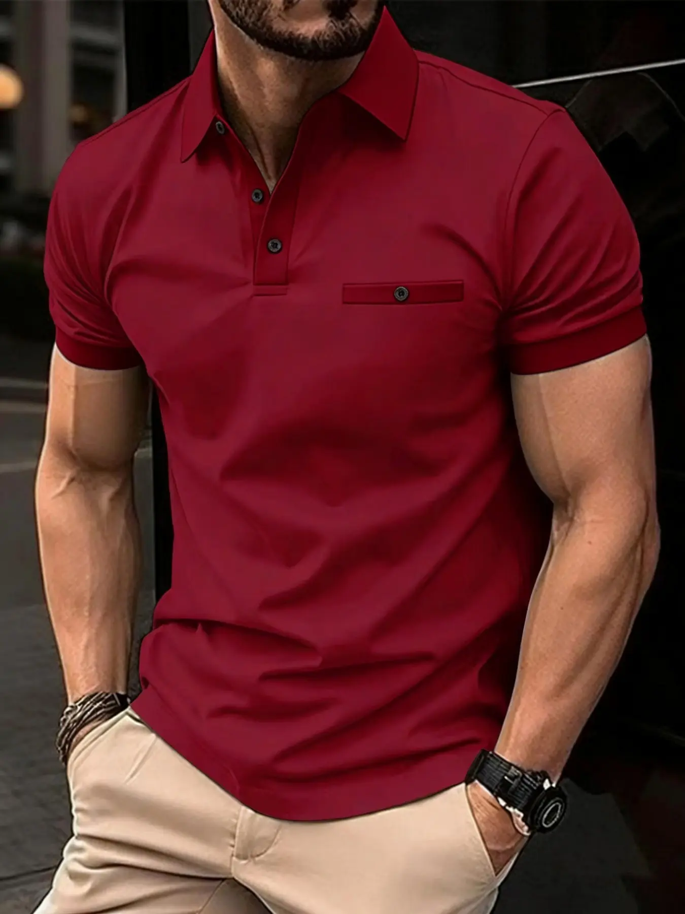 Summer New Men's Comfortable Casual Solid Color Buttoned Polo Shirt, Classic Button Front Collar Top, Perfect for Vacation and Daily Use
