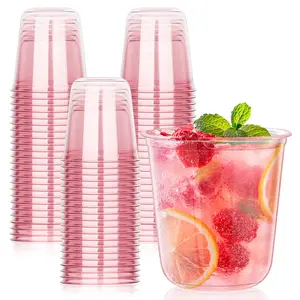 【NO LIDS】KesaPlan 50 Pcs Pink Plastic Cups, 12oz Disposable Stemless Wine Glasses for Cocktail Cute Clear Cocktail Wine Glasses Pink Party Cups for Meeting Wedding Christmas Holiday Party