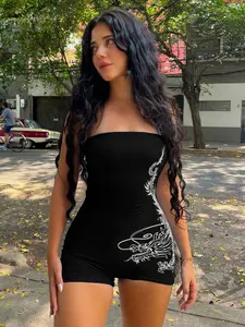 Women's Dragon Print Tube Skinny Romper, Street Minimalist Fashion Casual Sleeveless Romper for Daily Outdoor Wear, Ladies Clothes for Summer, Rompers for Women, Womenswear