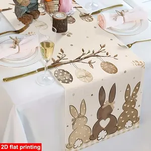 1 Piece Brown Easter Table Runner, Easter Egg Rabbit Farmhouse Style Apron, Rustic Floral Pattern Table Kitchen Island Party Decoration