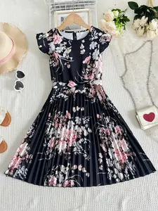 Ethnic Style Girl Retro Elegant Floral Print for Lotus Sleeve Mid-Long Dress + Belt, Elegant Pleated Princess Dress, as a Gift