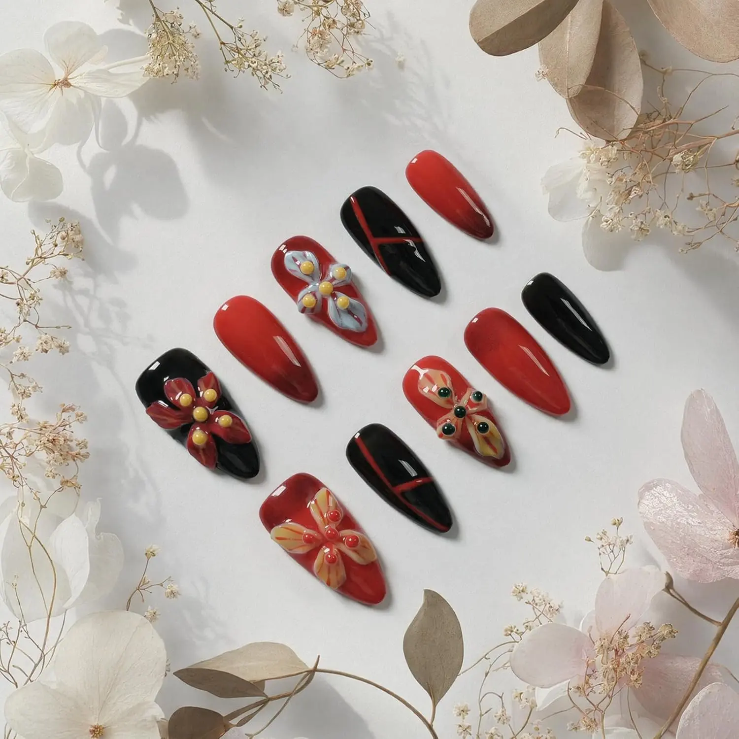 Women's Medium-Size Almond Press-On Nails, Red-Black Gradient Reusable Glossy Y2K Pieces with 3D Embossed Colorful Flowers (Crimson Flame, M)