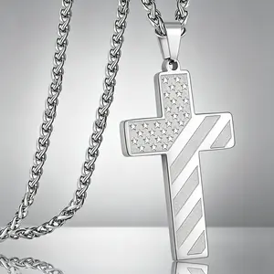 Silver Black Cross Necklace for Men Boys - Stainless Steel Bible Verse Cross Chain Pendant Necklaces for Men American Flag Religious Christian First Communion Jewelry Gift men's occult accessory