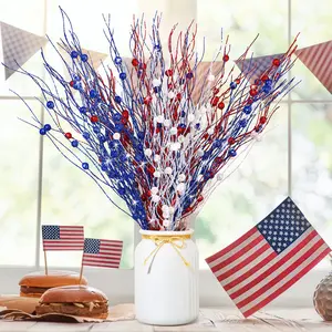 Patriotic Berry Stem Picks Artificial Glittery Branches Ornaments for Vase 17 Inches Red White Blue Floral Picks for Flag Day Independence Day Memorial Day Decorations Juneteenth Home Decor