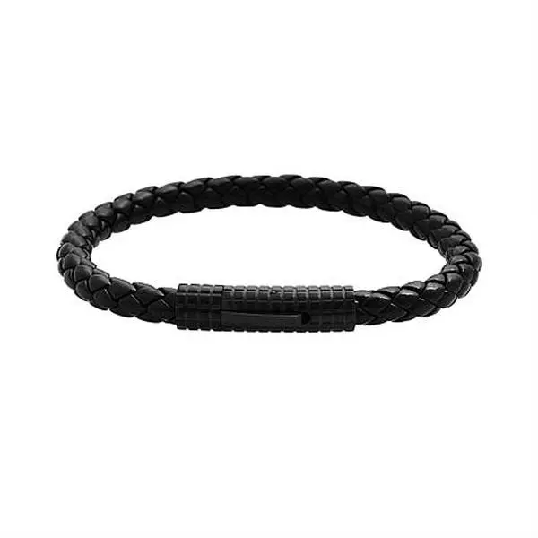 Stately Steel Men's Black Braided Leather Bracelet with Textured Clasp
