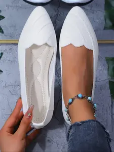 Women's Pointed Toe Knit Flat Shoes, Simple Pure Color, Wave Edge, Breathable Mesh, Slip-On Comfort, Daily Commute, Casual Wear