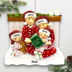 Personalized Reading in Bed Family of 4 Christmas Ornament – Custom Names & Year – Cozy Pajama Holiday Keepsake 2025