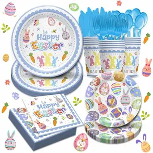 168pcs Easter Paper Plates and Napkins - Happy Easter Party Tableware Set Include Easter Plates,Napkins, Spoons, Knives and Forks for Egg Hunt for Easter Party Supplies Favors Table Decor, Serves 24