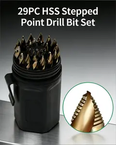29PC HSS Stepped Point Drill Bit Set Gold-Plated for Stainless Steel Iron Copper Aluminum Alloys Sizes 1/16 to 1/2 inch x 64 inch Professional Grade Tools