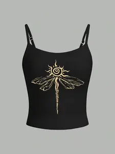 Women's Slim-Fitting Casual Tank Top, Sleeveless, Sun Dragon Totem Print, Adjustable Straps, Spaghetti Strap, Perfect All Season Versatile Piece, Daily Wear and Fitness, Womenswear