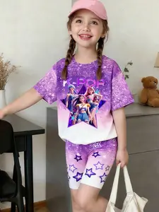 K-Pop Idol Girl Gradient Starry Sky Set, Glitter Short Sleeve Half Pants Children Two-Piece, Street Style Suit