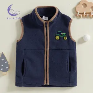 Boys Autumn Casual Vest Coat Sleeveless Stand Collar Zip Up Tractor Embroidery Fleece Vest Jacket