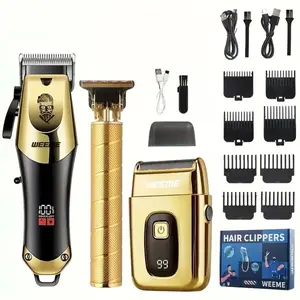 Luxurious Professional Barber Complete Master Set Hair Clippers for Men Set - USB Rechargeable, Low Noise, with Golden Trimmer, Shaver, T-Blade, 8 Guide Combs, 3 USB Charging Cables, 3 Cleaning Brushes, Comb, for Grooming Gift Set Gold Fade