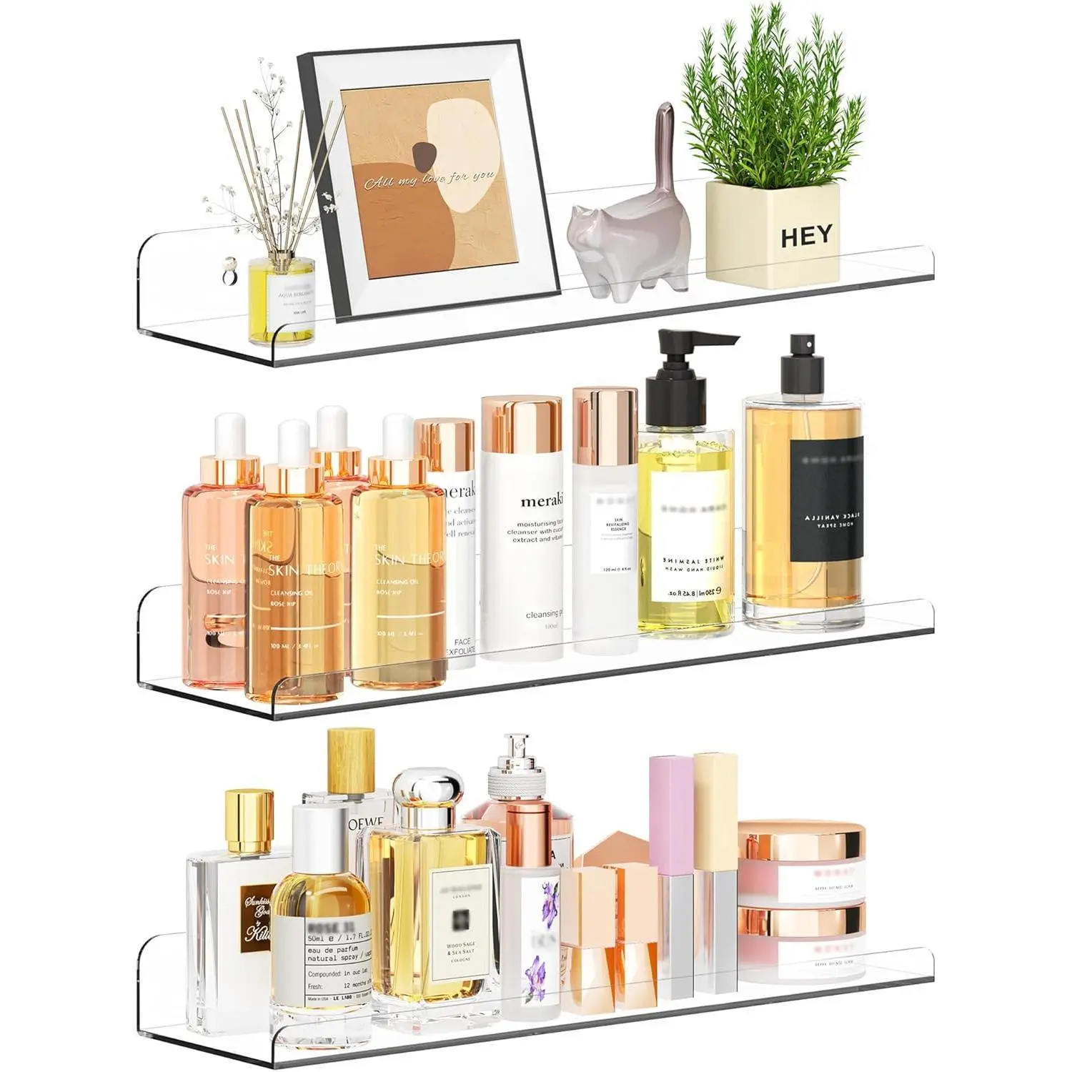 Floating Shelves for Wall Decor, 15" Extra Clear Wall Shelves for Bedroom, Living Room, Kitchen, Bathroom Decor, Nail Polish/Book/Decoration/Makeup/Perfume Organizer Floating Shelf-3Pack