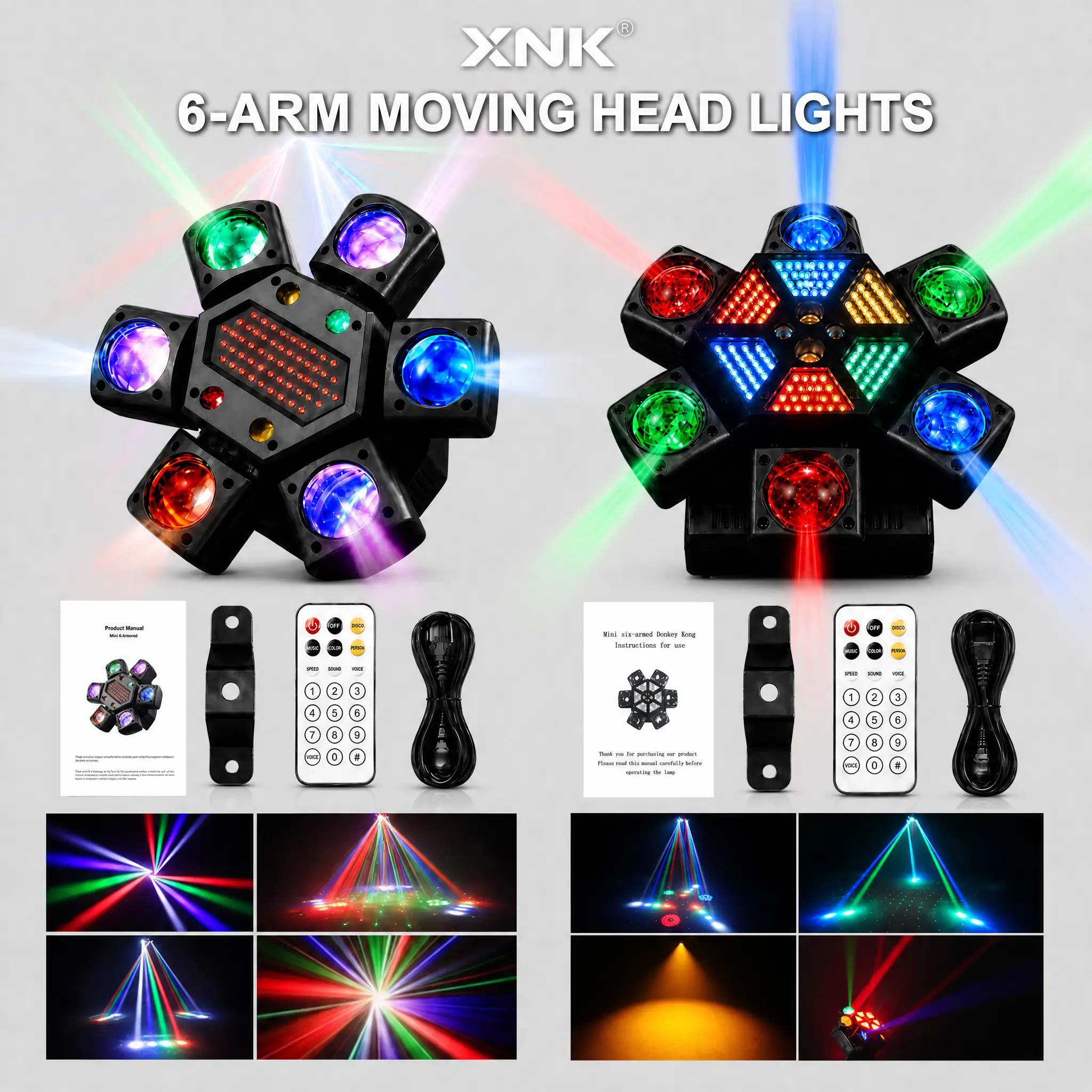 XNK 6-Arm Bee-Eye Moving Head Stage Light, Super Bright LED with RGB LED Lights, Color Changing, Red & Green Lasers, DMX512, Music Activation for Bars, Weddings