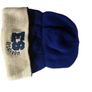 Youth Winter Hat White and Blue Knit Cap with Logo for Cold Weather F5 Salvador
