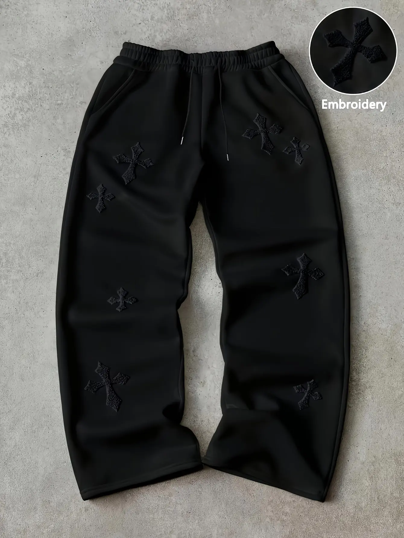 American high-street solid-color wide-leg casual sweatpants with 3D embossed embroidery, loose fit with a fluid drape, black