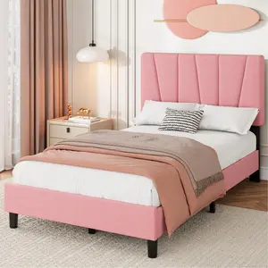 Pink Twin Size Upholstered Platform Bed Frame with Adjustable Headboard for kids Girls, Fits 8-14 Inch Mattress, Heavy Duty Bed Frame with Wooden Slats Support, Noise-Free, Non-slip, No Box Spring Needed