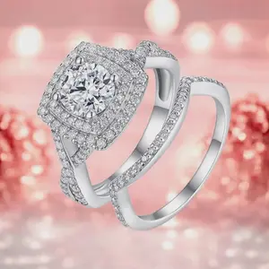 Genuine 925 Sterling Silver Round Cut Full Moissanite Double Halo Ring Set (5-10