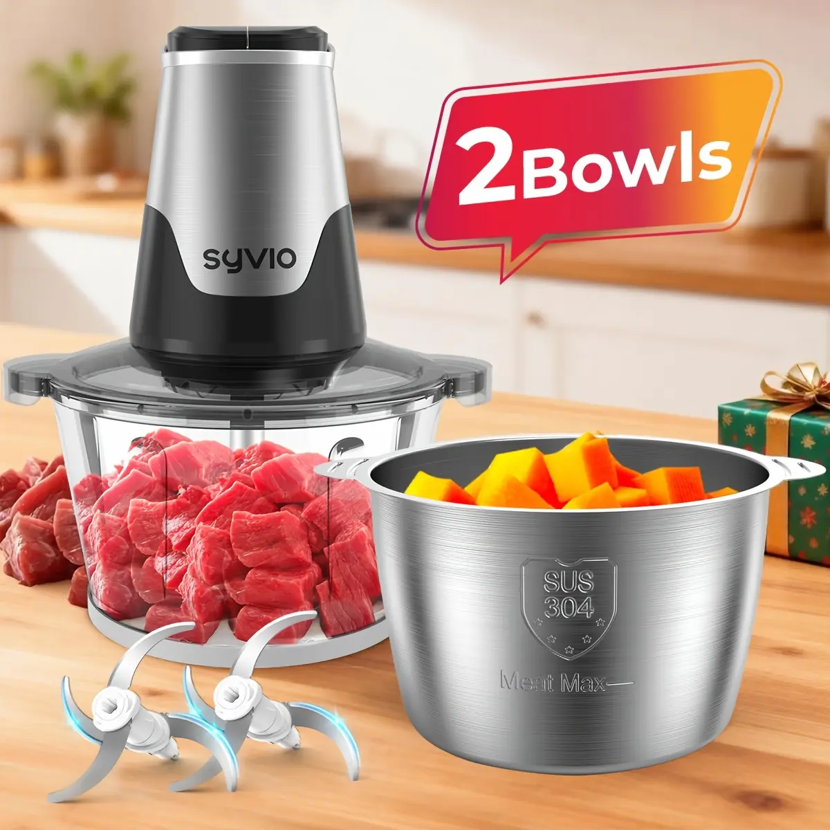Syvio 450W Food Processors with 2 Bowls, Meat Grinder 4 Bi-Level Blades, Mini Electric Food Chopper, for Baby Food, Meat, Onion, Vegetables Chopper, 2 Speed, Christmas Gifts
