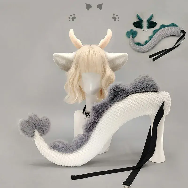 Handwork Little Dragon Ears Tail Set Fursuit Cosplay Costume Furry Animal Tails Ear Headband Halloween Party Suit for Women Men