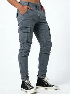 Mens Slim-Fit Elastic Multi-Pocket Jeans - Menswear, Cotton Blend Fabric, Plain Design, Streetwear Style, Comfortable Leggings-Inspired Calico Cut Pants, Suitable for Daily Casual Wear and Outdoor Work
