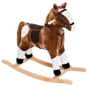 Qaba Kids Plush Toy Gift for Children's Day Rocking Horse Pony Toddler Ride on Animal for Girls Pink Birthday Gifts with Realistic Sounds, Brown