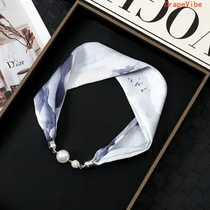 Women Pearl Rhinestone Magnetic Buckle Silk Scarf Necklace Vintage Versatile Thin Self Absorbing Buckle Neck Accessory