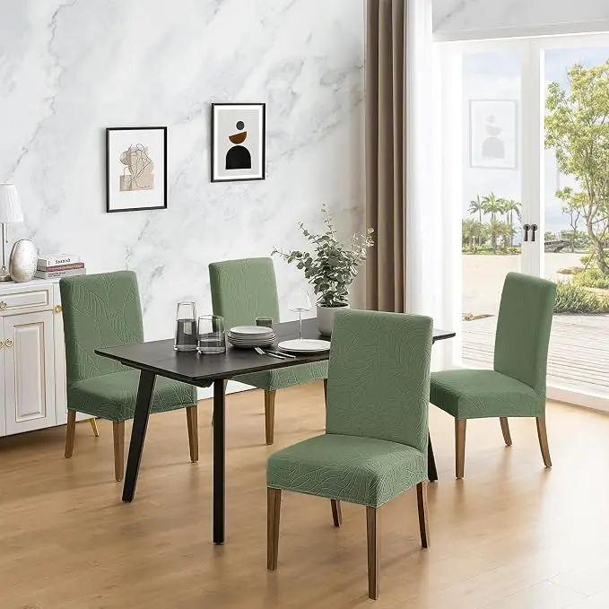 Stretch Jacquard Parson Chair Covers Set (4/6 Pcs) - Waterproof, Wrinkle-Resistant Seat Protectors for Apartments, Tropical Plants-Themed Home/Kitchen, Removable & Washable Housewarming Essentials