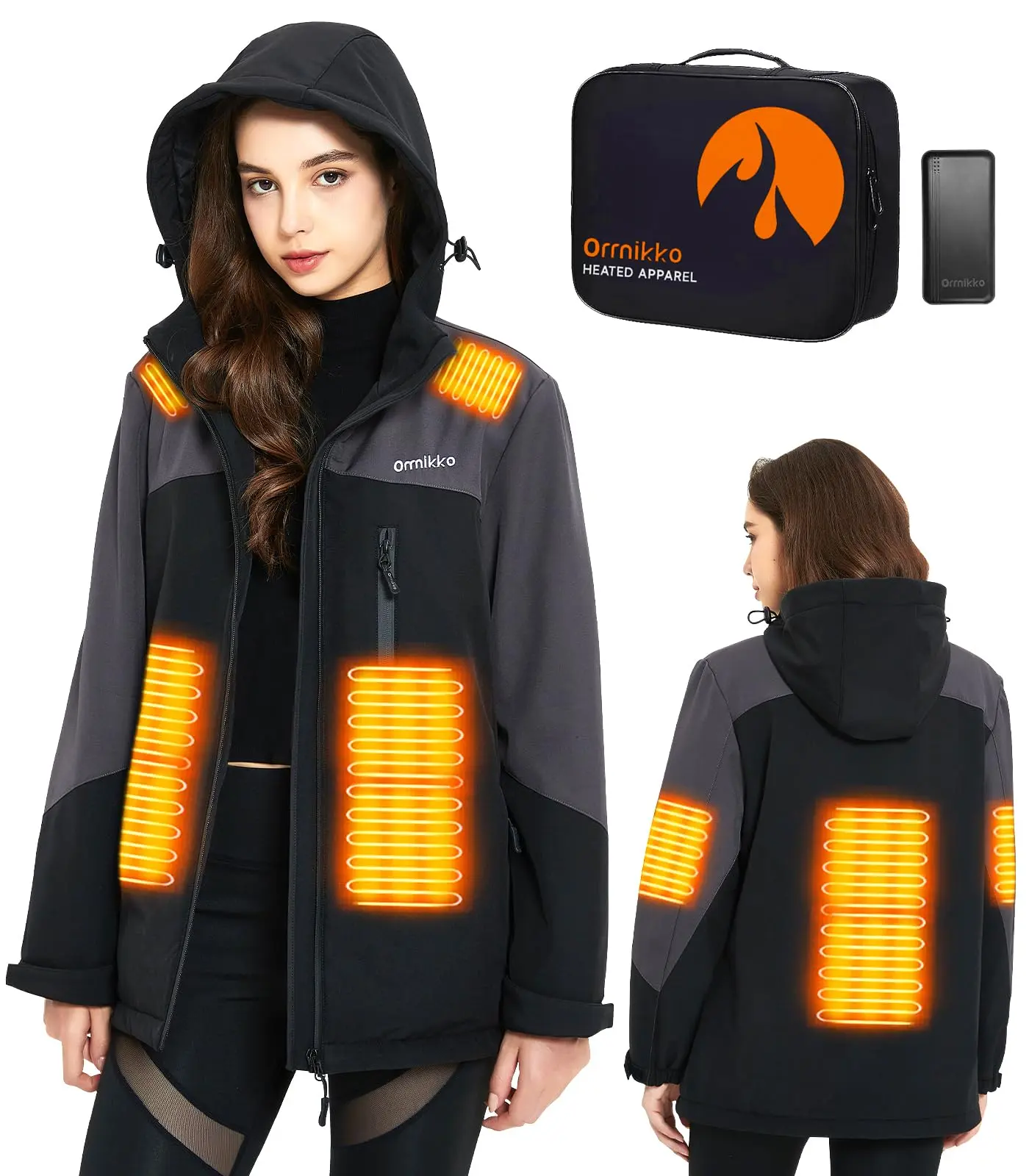 Orrnikko Womens Heated Jacket with Battery Pack - 20000mAh Rechargeable Winter Outdoor Work Self Electric Jacket with Hood
