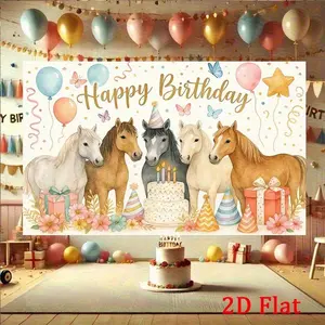 2D Flat Banner Polyester Photography Backdrop, Soft Lightweight Foldable HD Digitally Printed with Colorful Horse, Birthday Cake, Balloons, and Gifts Design Background Cloth for Festive Birthday Party Decorations, Photo Booth, and