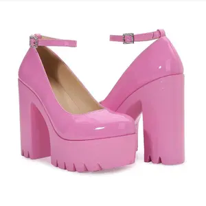 14 CM Pink Patent Platform Heels With Ankle Strap And Chunky Sole, Y2K Barbiecore Shoes, Bold Statement Party Pumps, Chunky Platform Pumps