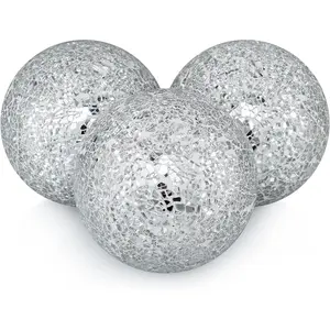 4" Decorative Orbs, Mosaic Sphere Balls, Centerpiece Balls for Bowls, Vases, Dining Table Decor, Pack of 3 (Silver)