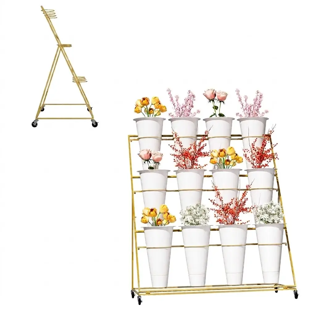 Flower Cart with 12 Removable Buckets, Gold 3 Tier Rolling Flower Display Stand with Wheels, Metal Floral Display Rack for Flower Shop, Wedding, Party & Indoor Outdoor Events