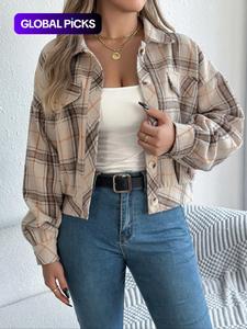 women's plaid print button front drop shoulder jacket, casual long sleeve collared outerwear for fall & winter, ladies tops clothes for daily wear