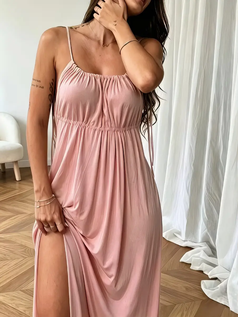 Elegant Purple Maxi Dress with High Slit and Backless Design for Women