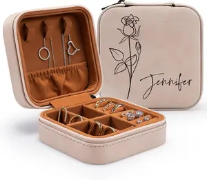 Custom Leather Customized Jewelry Organizer Box w/Name & Birth Flower Month - Birthday Gifts for Women, Mom Personalized Jewelry Travel Case