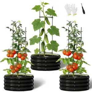 DoCred 3 Pcs Metal Raised Garden Bed with Tomato Cages – Perfect for Veggies, Herbs & Flowers