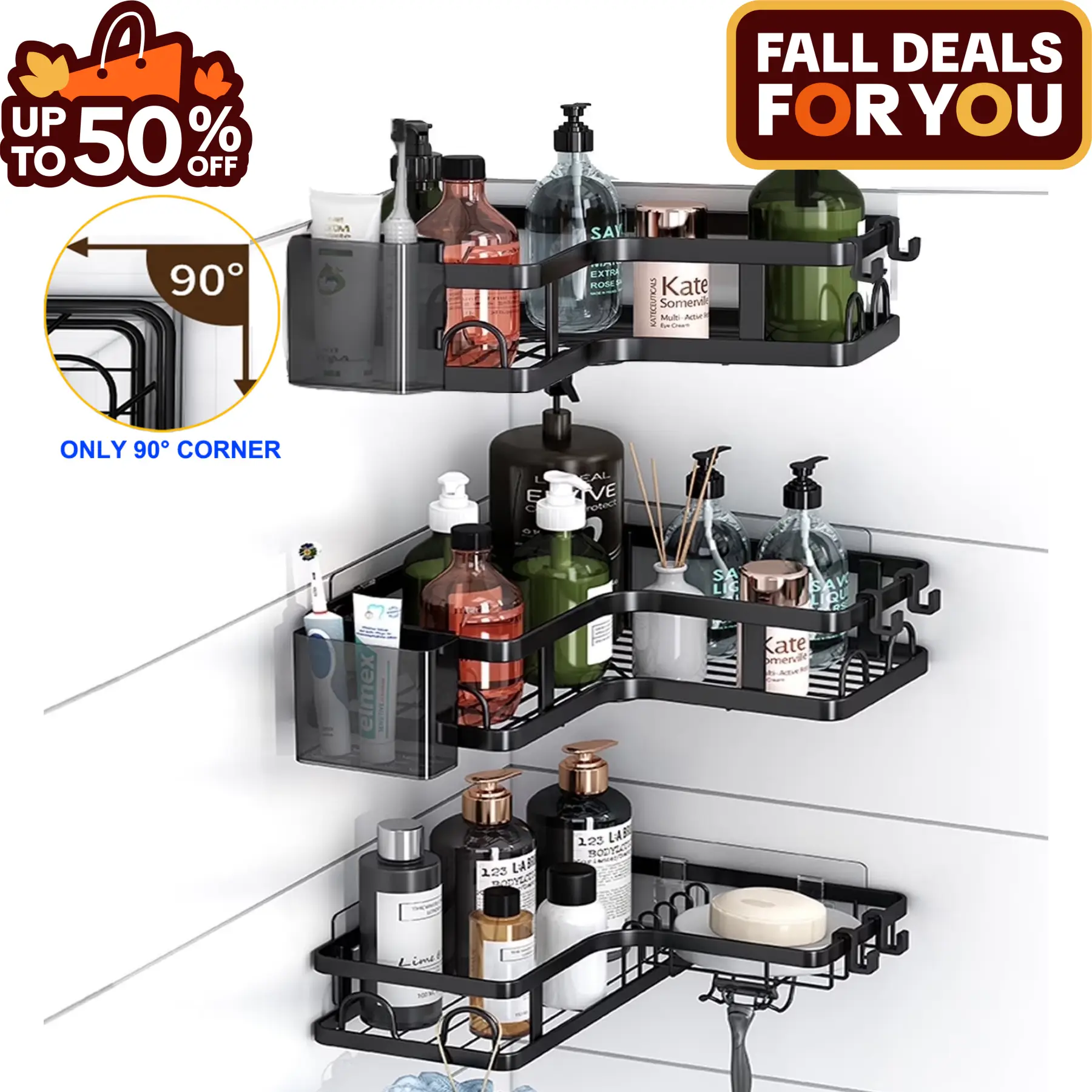 PHANCIR 5 PCS Corner Shower Caddy, No Drilling Stainless Steel Shower Storage Rack with Hooks & Toothpaste Holder for Bathroom, Black