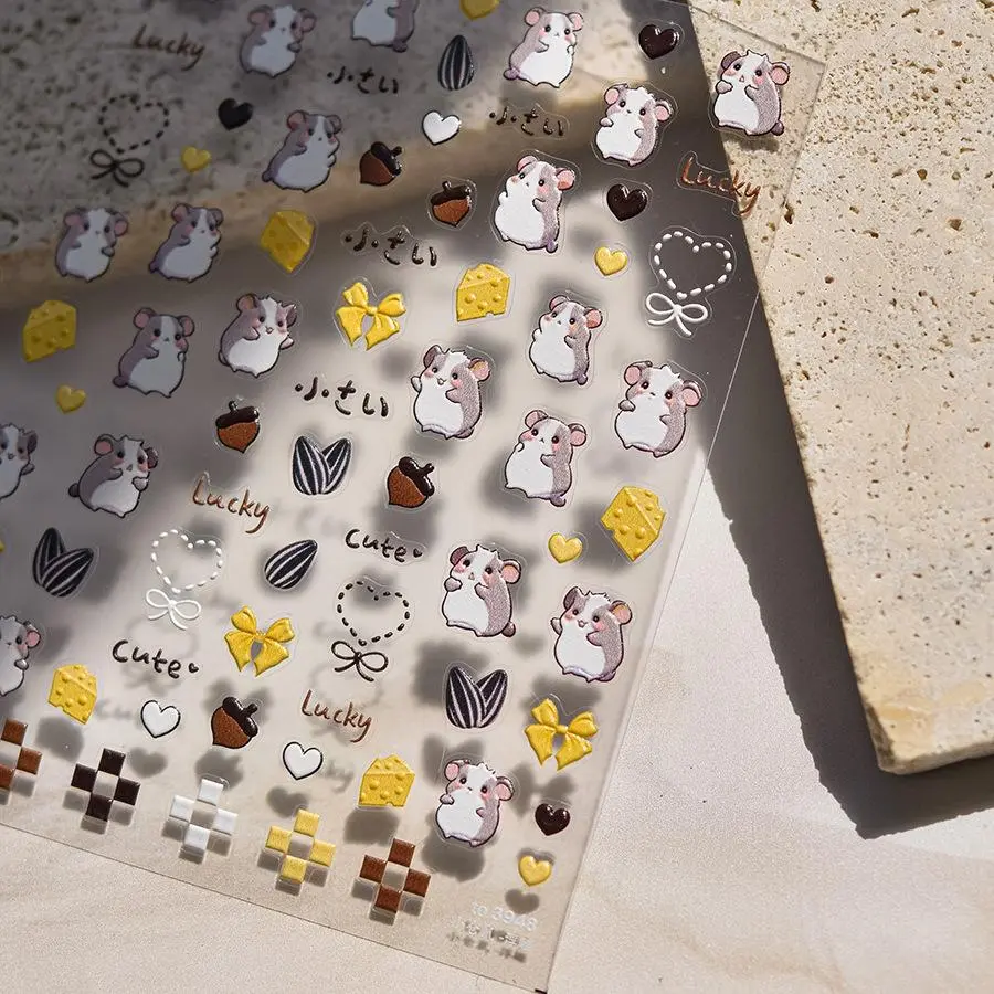 5D Relief Lucky Cute Little Hamster Nut Red Flower Dog Adhesive Nail Art Stickers Decals Manicure Kawaii Cartoon Charms Supplier