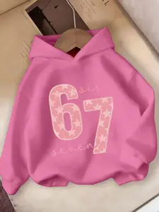 Trendy Digital “67”Print ，Hoodie for Girls, Fashionable Geometric Pattern, Casual Long Sleeve Top, Unisex Spring & Fall Essential