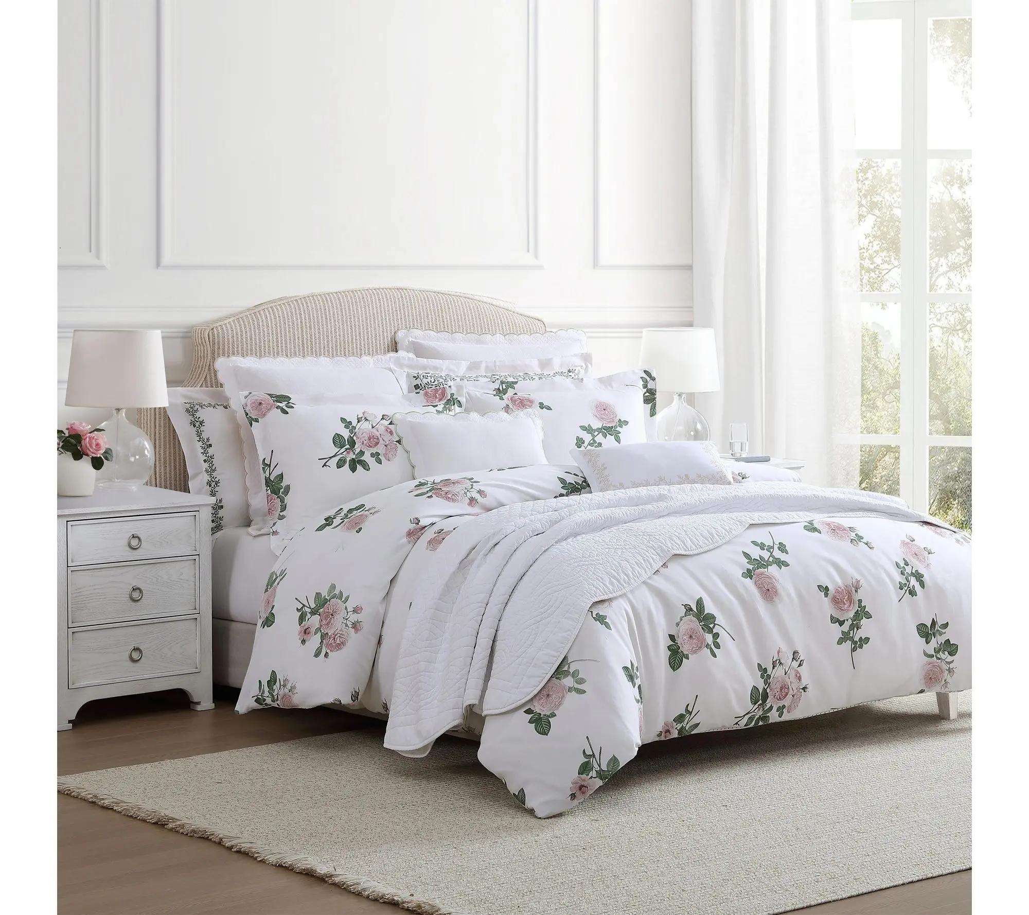Martha Stewart Tea Rose White/Pink Cotton Sateen King Duvet Se