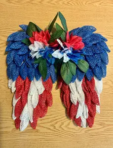Momma Coop's Collection - Blue Red and White Knitted Wings with Floral Accents and Green Leaves. Angel wings for grave markers.
