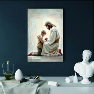 Jesus and Little Boy Praying Poster - Bible Oil Painting Print for Living Room & Bedroom Decor - Retro & Y2K Style Wall Art - Calming Imagery for Home Decor - Religious Faith Artistic Depiction