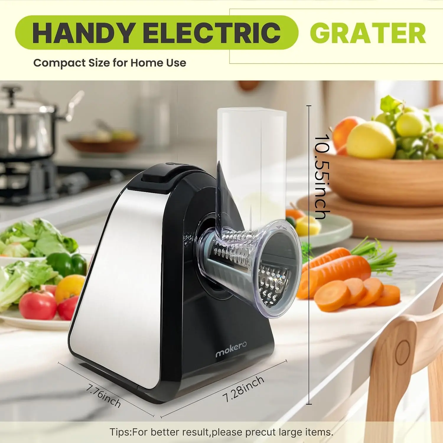 Mokero 5-in-1 150W Stainless Interchangeable Cone Blades Safe Electric Food Slicer - Home Kitchen Multi-Use Shredder, Chopper, Automatic Grater for Cheese, Vegetables, Nuts, Salad Shooter Maker Utensils